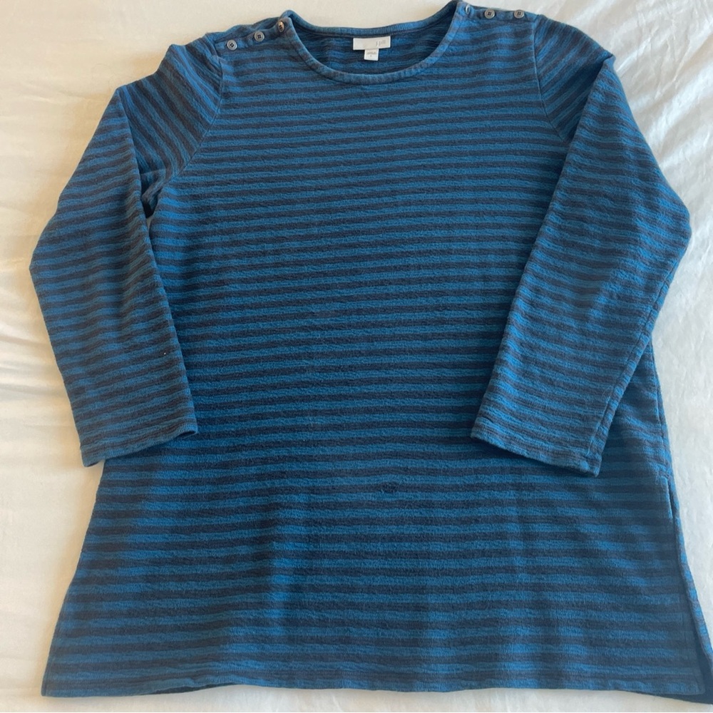 J JILL Women Thick Stretch Cotton Blouse Striped Knitted‎ Teal Blue Black Size L
